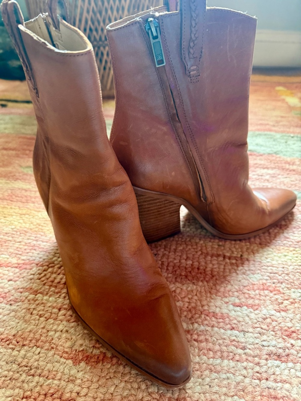 Sam Edelman Cognac Leather Pointed-Toe Block Heel Ankle Boots